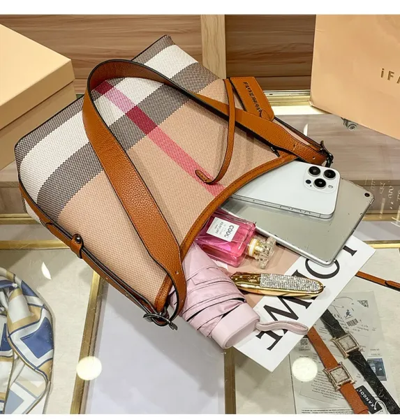 Design I.T Fashion Checkered Hobo Bag Set Beige Multicolor Shoulder Bags - 19