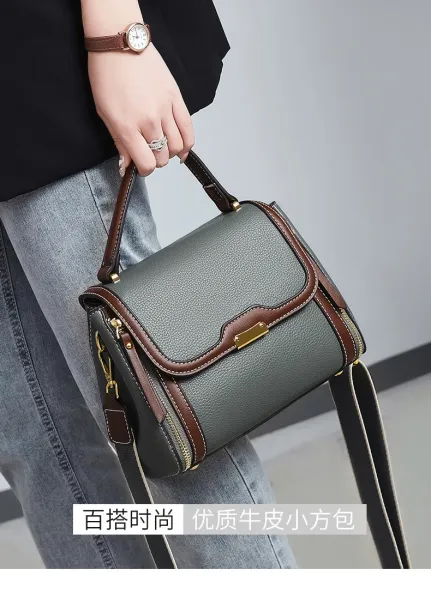 Design Structured Leather Satchel in Gray and Brown Handbag - 2