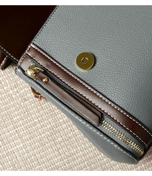 Design Structured Leather Satchel in Gray and Brown Handbag - 9
