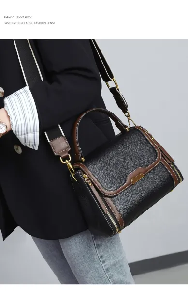 Design Structured Leather Satchel in Gray and Brown Handbag - 16