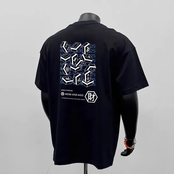 Design MOSE-VJUE-A425 Mahjong Tile Graphic Black T-Shirt T-Shirts - 9