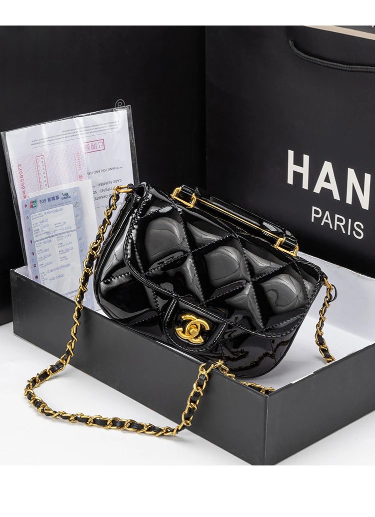 Chanel Mini Flap Bag Patent Leather Black Gold Hardware Handbag - 18