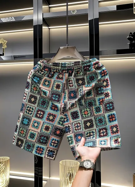 Design Zigzag Pattern Bear Embroidery Shorts Multicolor - 3