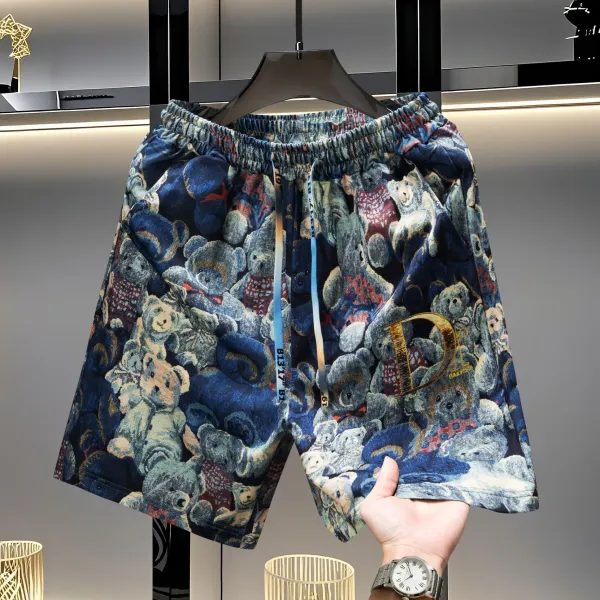 Design Zigzag Pattern Bear Embroidery Shorts Multicolor - 15