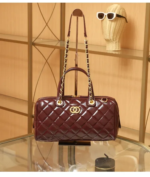 Chanel Quilted Boston Bag Burgundy Leather Handbag - 20