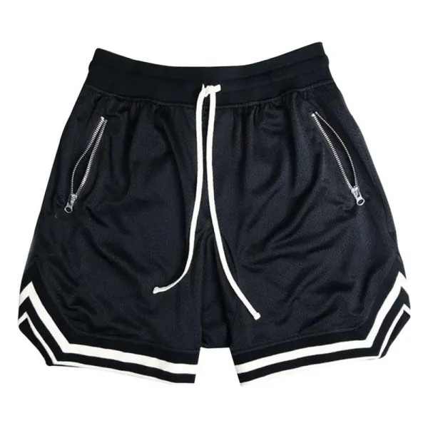 Design Mesh Shorts with Zipper Pockets and Striped Hem in Pale Yellow - 6