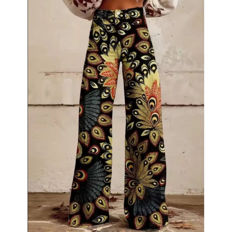Design Peacock Print Wide-Leg Pants Multicolor