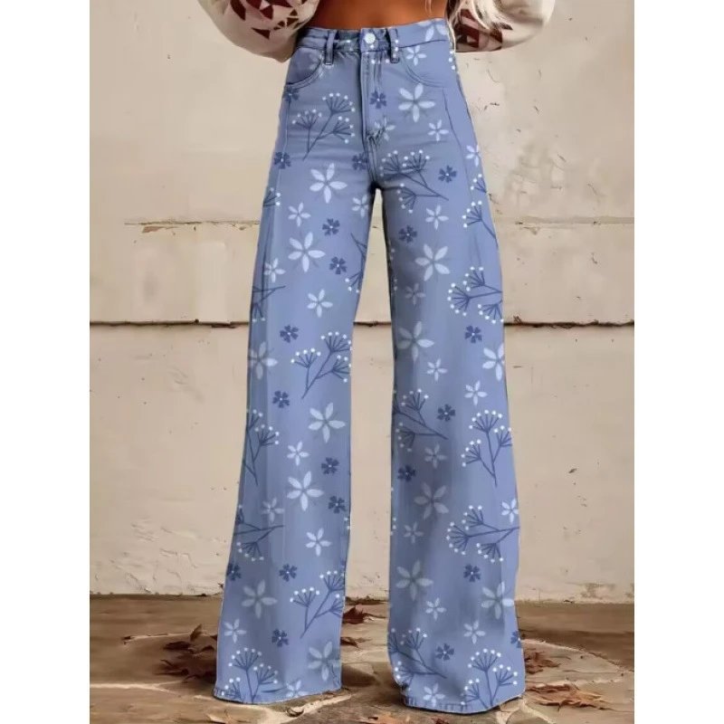 Design Floral Print Wide-Leg Jeans in Light Blue