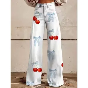 Design Cherry Print Wide-Leg Jeans White