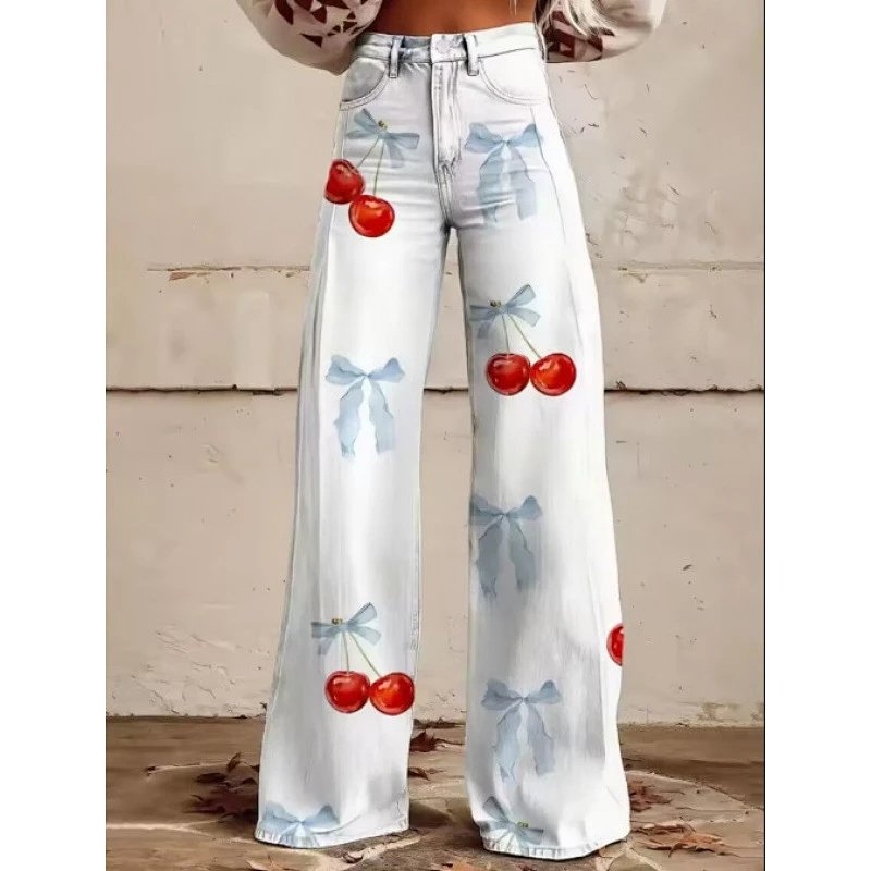 Cherry Print Wide-Leg Jeans White