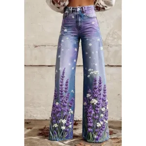 Design Floral Lavender Print Wide-Leg Jeans