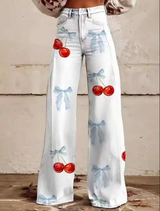 Design Floral Print Wide-Leg Jeans Multicolor - 14