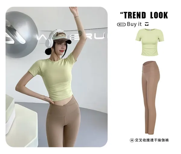 Design Cropped Short-Sleeve T-Shirt Pink + High-Waisted Leggings Brown Activewear - 11