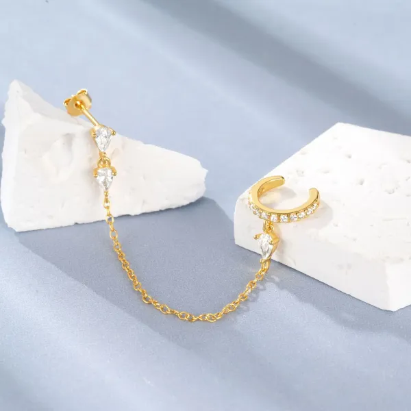 Design S925 Sterling Silver Gold-Plated Pearl Drop Chain Earrings Jewelry - 18