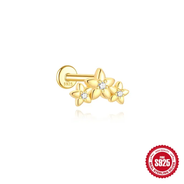 Design S925 Sterling Silver Floral Labret Stud Earring Gold Plated with Cubic Zirconia Jewelry - 1