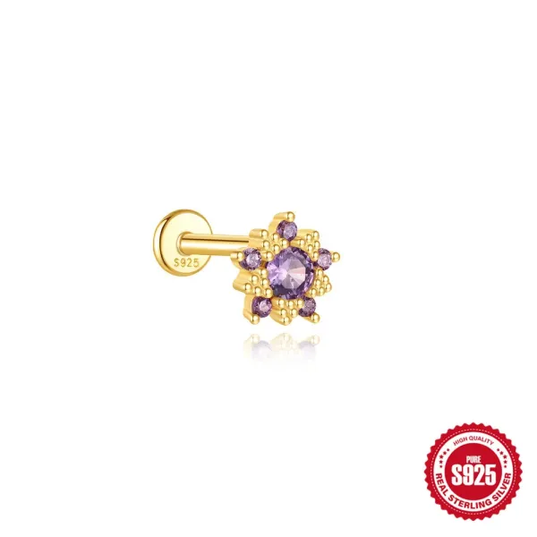 Design S925 Sterling Silver Purple Zircon Flower Labret Piercing Jewelry - 1