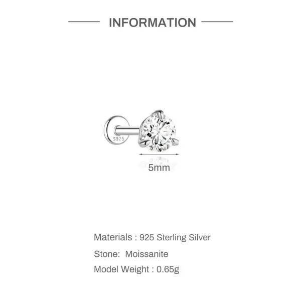 Design S925 Sterling Silver Cubic Zirconia Stud Earring 6.5mm Jewelry - 9