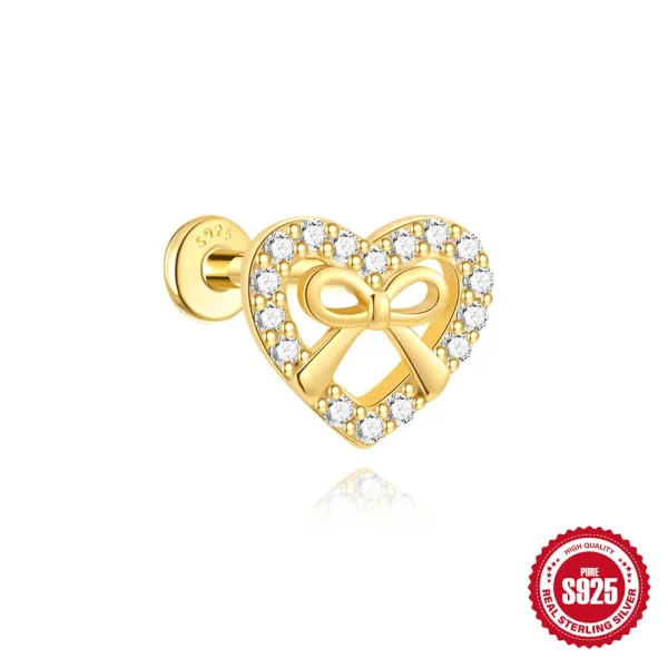 Design S925 Sterling Silver Heart Bow Stud Earring Gold Plated Jewelry - 1