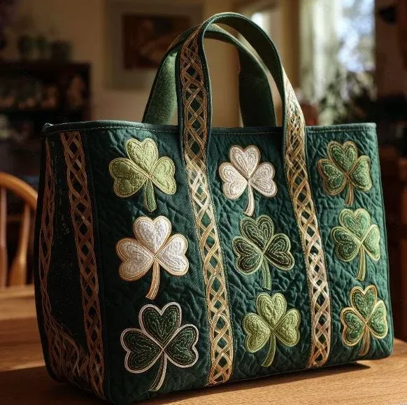 Design Embroidered Shamrock Quilted Tote Bag Green - 8