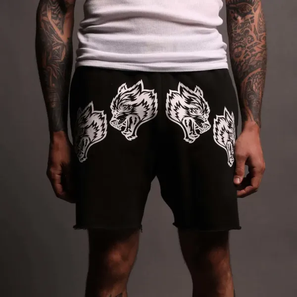 Wolves Club Wolf Head Print Black Shorts - 25