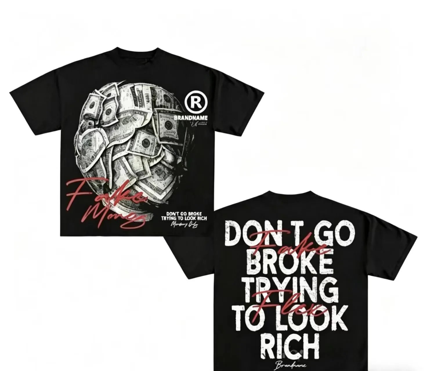 Design Fake Money Graphic Print Black T-Shirt Tops.t Shirts - 6