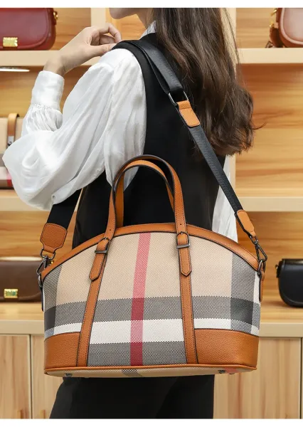 Burberry Check Print Boston Bag Tan Handbags - 14