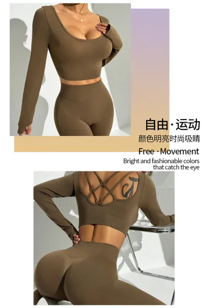Design Long Sleeve Cropped Top and High-Waisted Leggings Set Black Activewear - 12