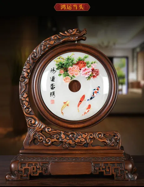 Design Chinese Ceramic Decorative Plate with Dragon Carved Wooden Stand Accessories - 5