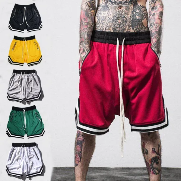 Design Mesh Shorts with Zipper Pockets and Striped Hem in Pale Yellow - 2