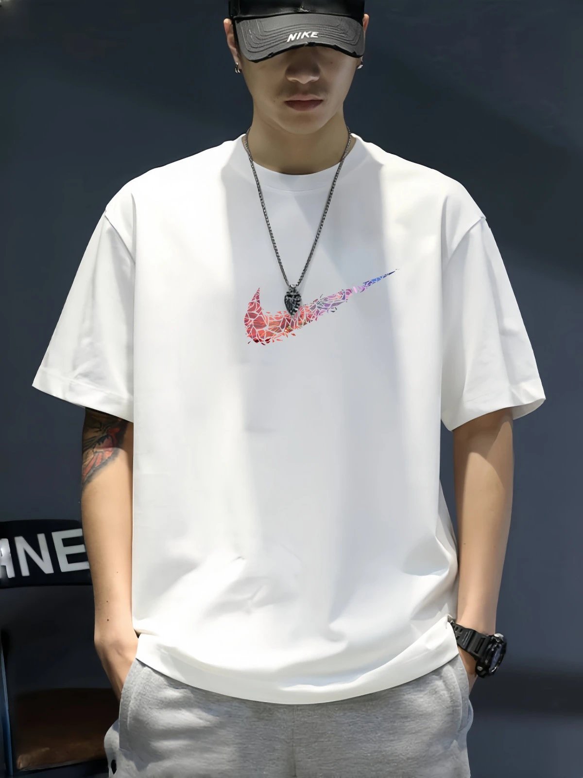 Nike Swoosh Mosaic Print White T-Shirt - 10