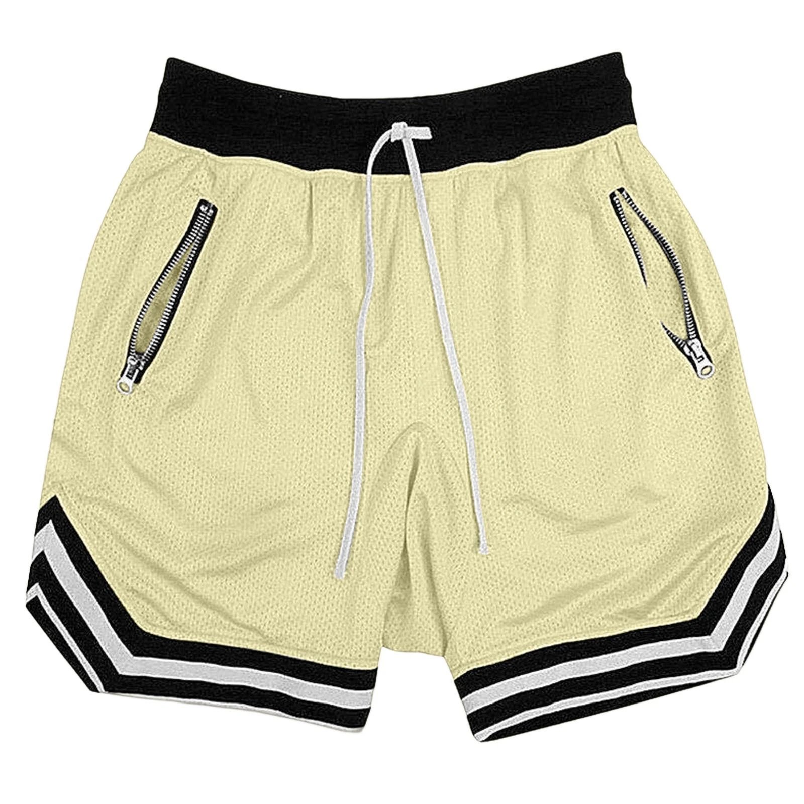 Design Mesh Shorts with Zipper Pockets and Striped Hem in Pale Yellow - 26