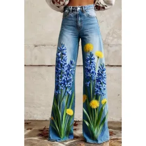 Design Floral Print Wide-Leg Jeans Blue