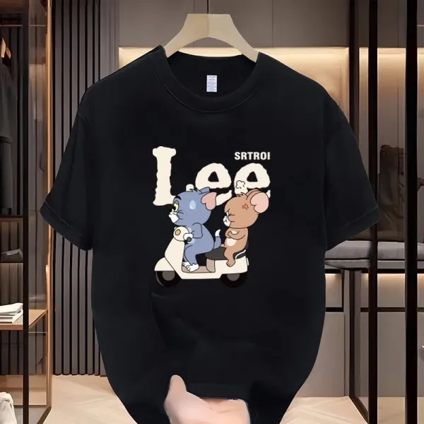 Design Lee Tom and Jerry Scooter Print Black T-Shirt T-Shirts - 3