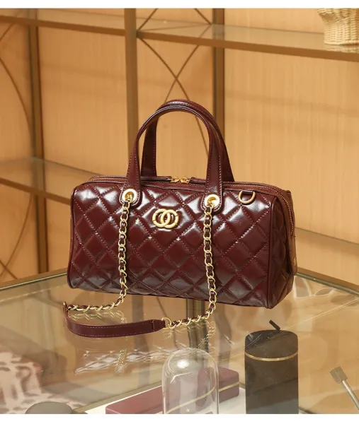 Chanel Quilted Boston Bag Burgundy Leather Handbag - 19