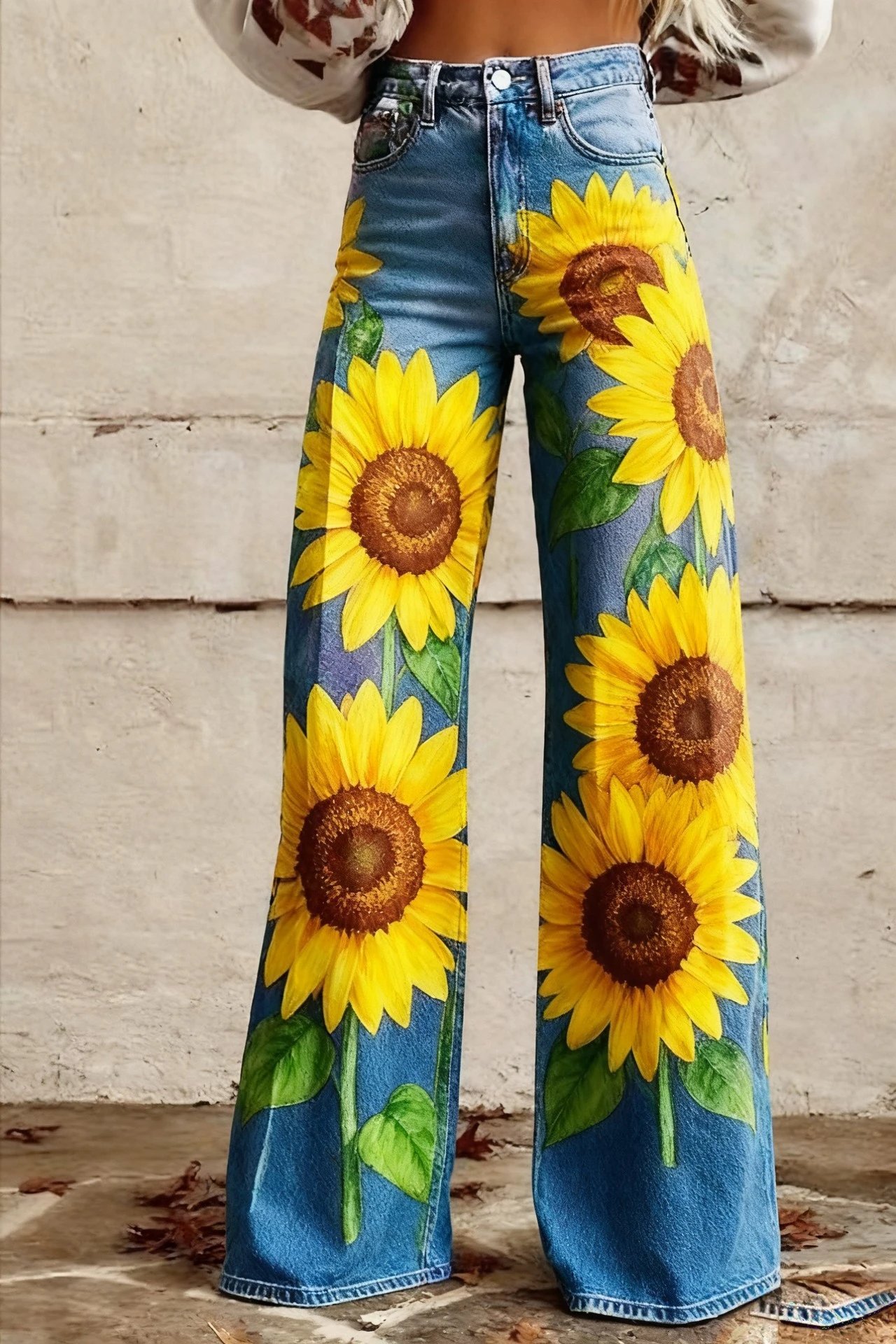 Design Floral Print Wide-Leg Jeans Blue - 11