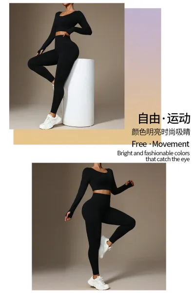 Design Long Sleeve Cropped Top and High-Waisted Leggings Set Black Activewear - 8