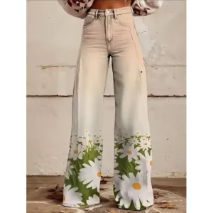 Design Floral Print Wide-Leg Jeans Beige with Daisy Pattern