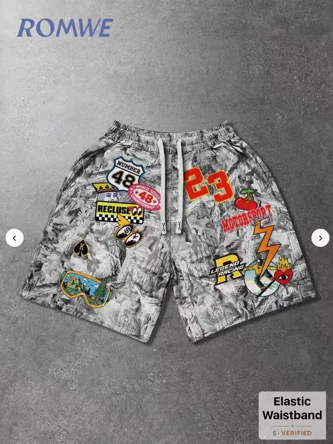 Design ROMWE Patchwork Graphic Print Camo Shorts Multicolor Shorts - 5