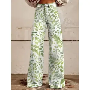 Design Floral Print Wide-Leg Jeans White Green