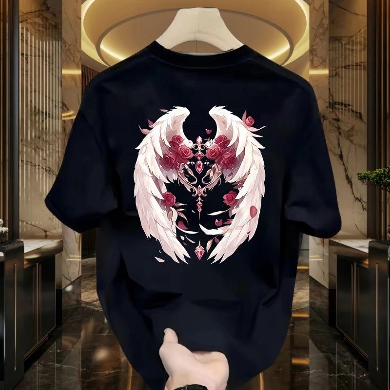 Design Angel Wings Rose Graphic Black T-Shirt - 3