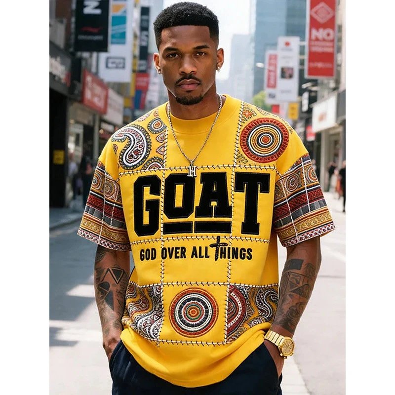 亚马逊独立站跨境 美式时尚复古GOAT字母腰果花风拼接短袖 T 恤
