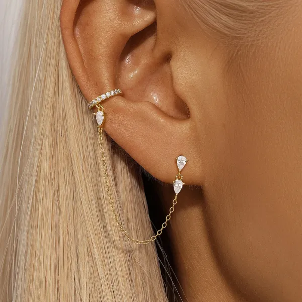 Design S925 Sterling Silver Gold-Plated Pearl Drop Chain Earrings Jewelry - 10
