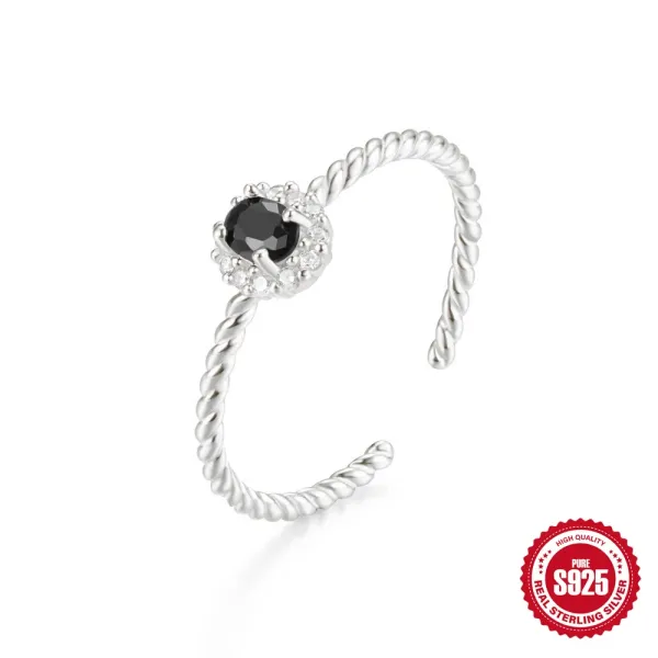 Design S925 Sterling Silver Twisted Rope Ring with Black Cubic Zirconia and Clear Crystals Jewelry - 1