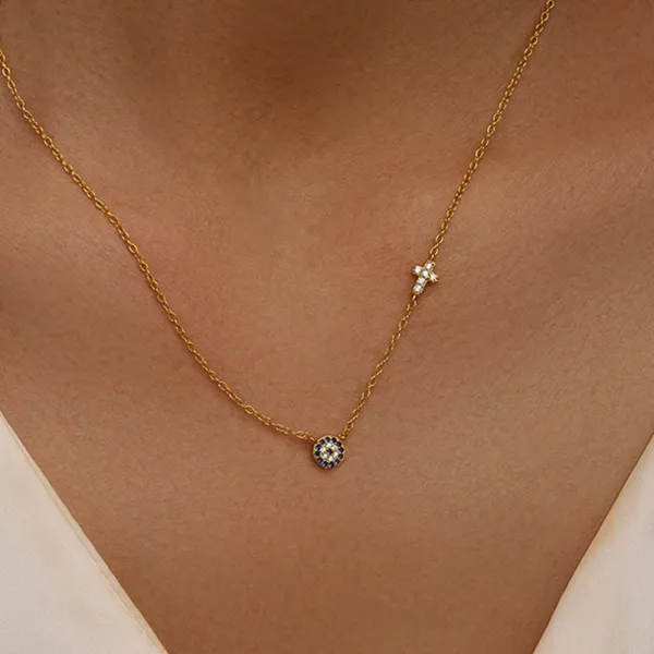 Design S925 Sterling Silver Evil Eye and Cross Pendant Necklace Gold Plated Jewelry - 6
