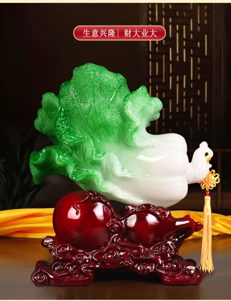 Design Chinese Jade Cabbage Fortune Statue Green White Red Accessories - 6