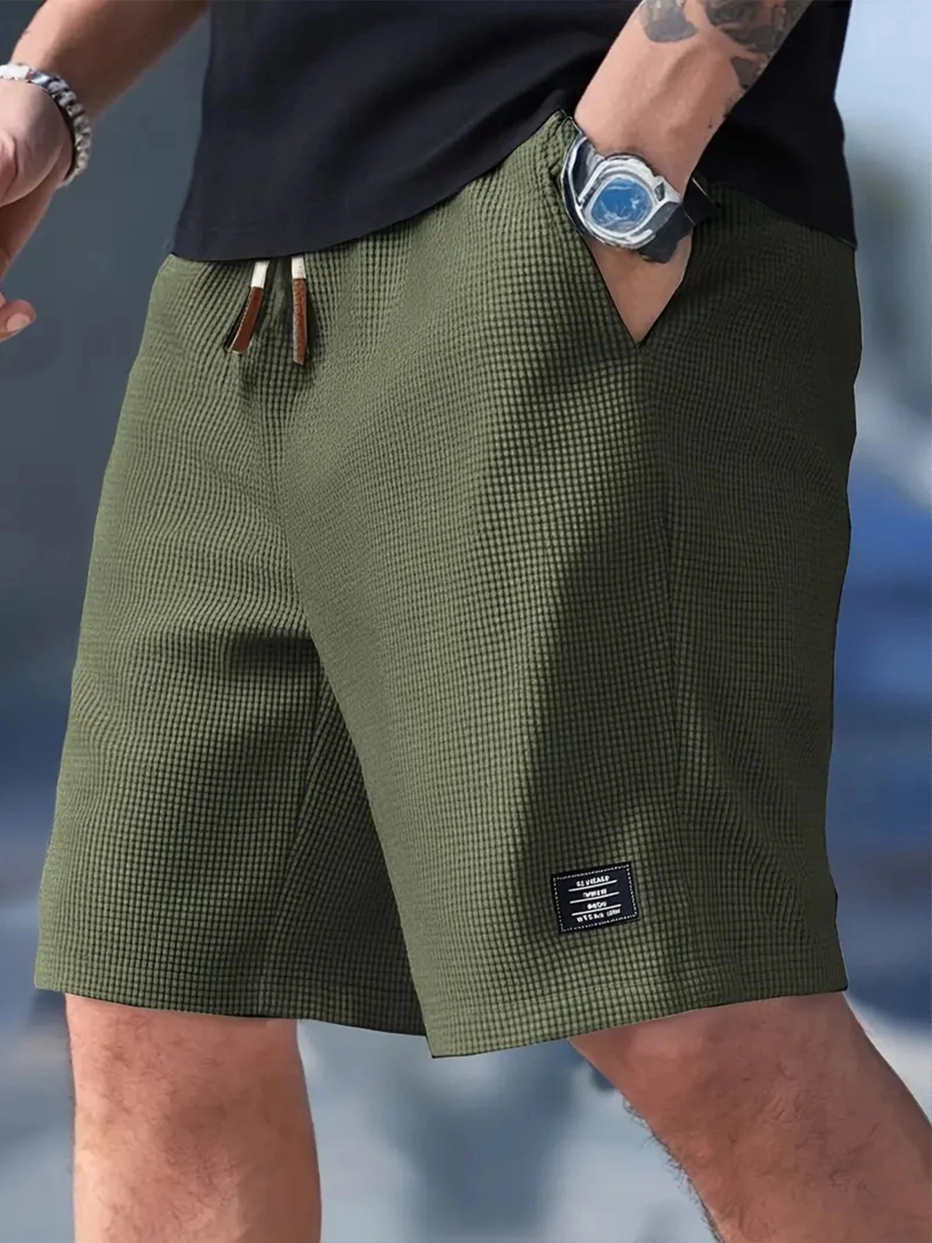 Design Waffle Texture Drawstring Shorts Olive Green Shorts - 21
