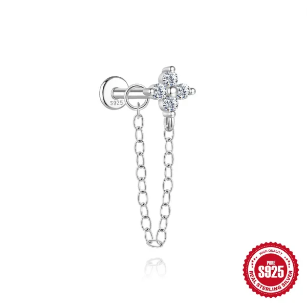 Design Sterling Silver CZ Flower Chain Dangling Ear Cuff Jewelry - 1