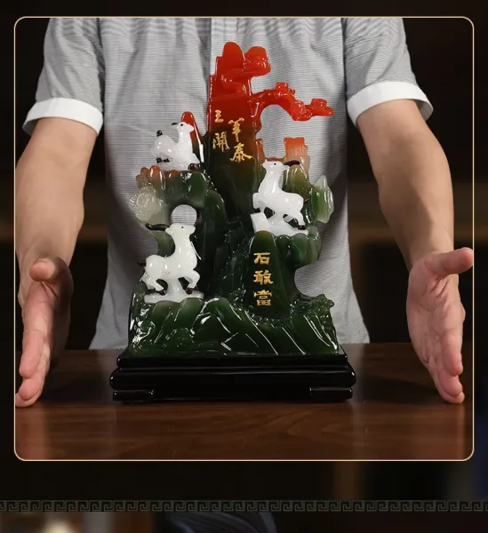 Design Three Deer Jade Mountain Sculpture with Auspicious Inscriptions Decorative Figurine Accessories - 9