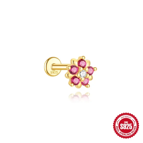 Design S925 Sterling Silver Floral Lab Ruby and Cubic Zirconia Cartilage Earring Jewelry - 1