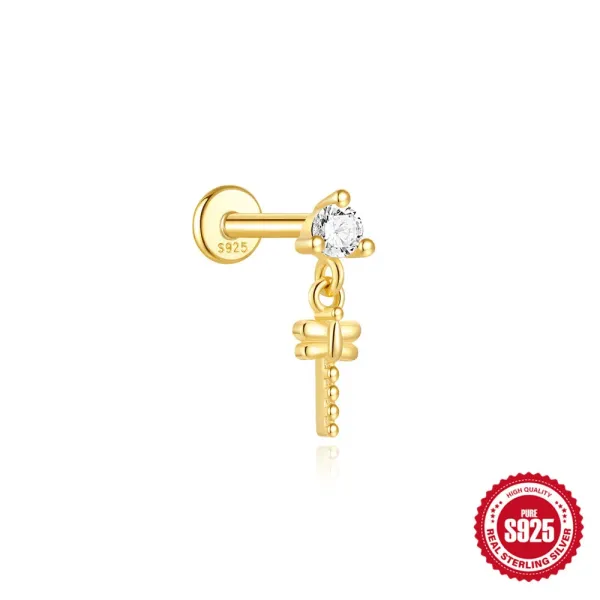 Design S925 Sterling Silver Dragonfly Charm Labret Piercing Gold-Plated with Cubic Zirconia Jewelry - 1